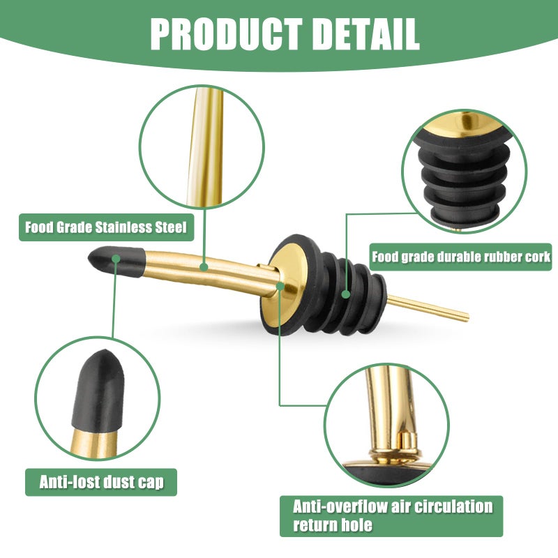 WAFJAMF 6 Pcs Liquor Pour Spouts Set, Stainless Steel Liquor Bottle Pourers with Rubber Dust Caps, for Pours Liquid, Olive Oil, Wine, Vinegar (Gold) - Image 2